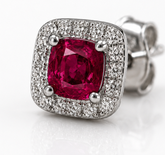 Cushion Cut Ruby & Diamond Halo Stud Earrings in 9ct White Gold