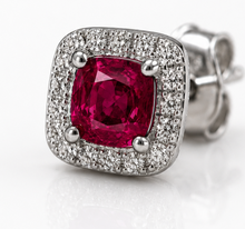 Cushion Cut Ruby & Diamond Halo Stud Earrings in 9ct White Gold