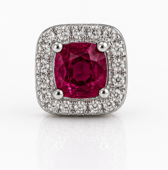 Cushion Cut Ruby & Diamond Halo Stud Earrings in 9ct White Gold
