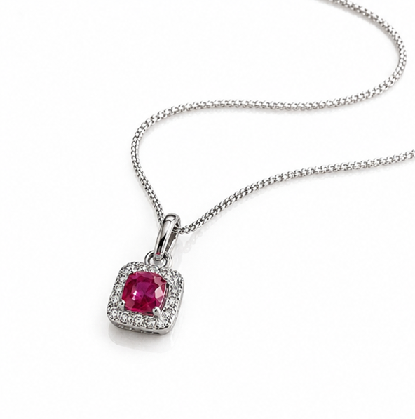 Cushion Cut Ruby & Diamond Halo Pendant Necklace in 9ct White Gold
