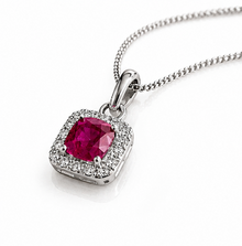 Cushion Cut Ruby & Diamond Halo Pendant Necklace in 9ct White Gold