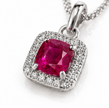 Cushion Cut Ruby & Diamond Halo Pendant Necklace in 9ct White Gold