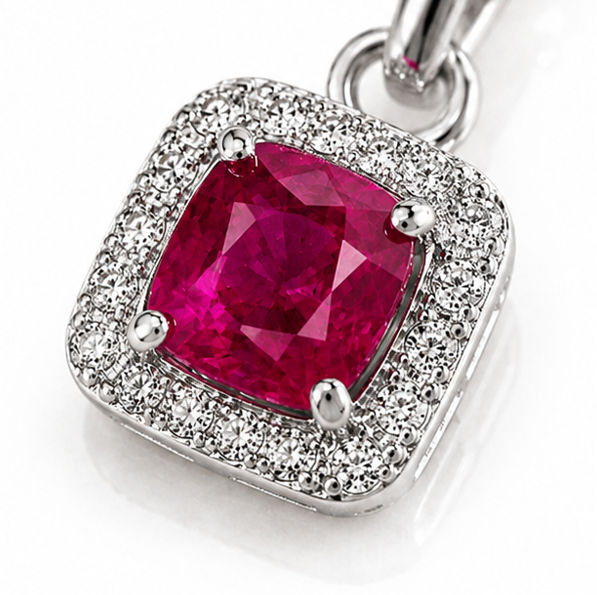 Cushion Cut Ruby & Diamond Halo Pendant Necklace in 9ct White Gold