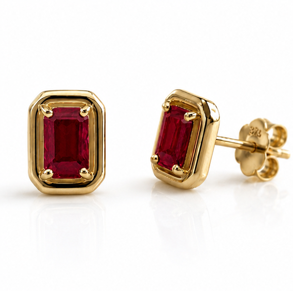 Chunky Border Ruby Stud Earrings in 9ct Yellow Gold