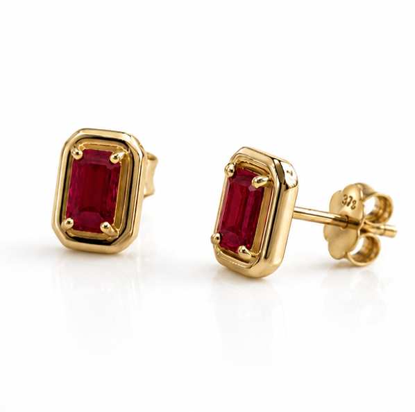 Chunky Border Ruby Stud Earrings in 9ct Yellow Gold