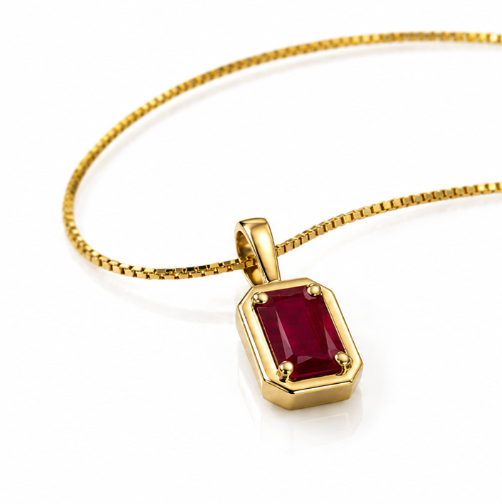 Chunky Border Ruby Pendant with Chain in 9ct Yellow Gold