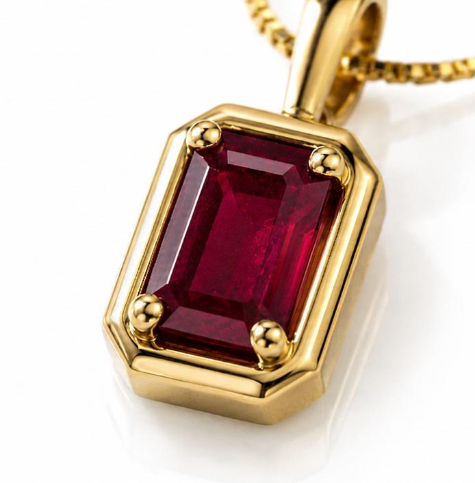 Chunky Border Ruby Pendant with Chain in 9ct Yellow Gold