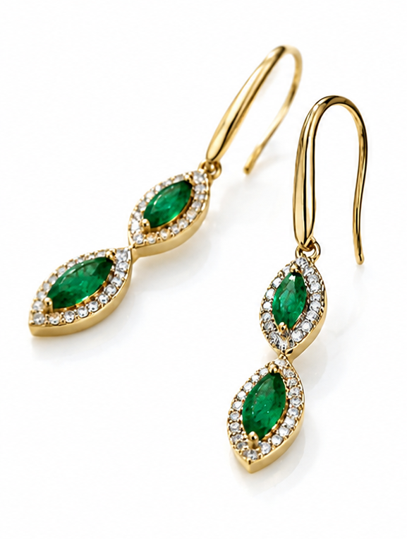 Marquise Double Drop Emerald & Diamond Earrings in 9ct Yellow Gold