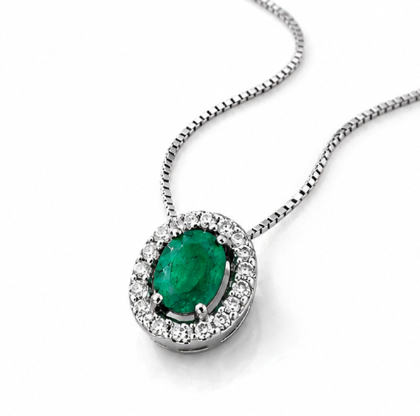 Teardrop Emerald & Diamond Pendant Necklace in 9ct Gold