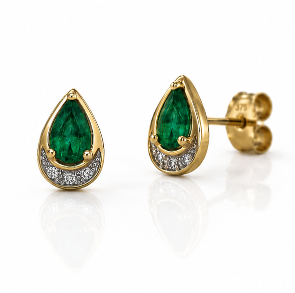 Teardrop Emerald & Diamond Stud Earrings in 9ct Yellow Gold