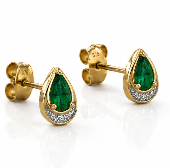 Teardrop Emerald & Diamond Stud Earrings in 9ct Yellow Gold