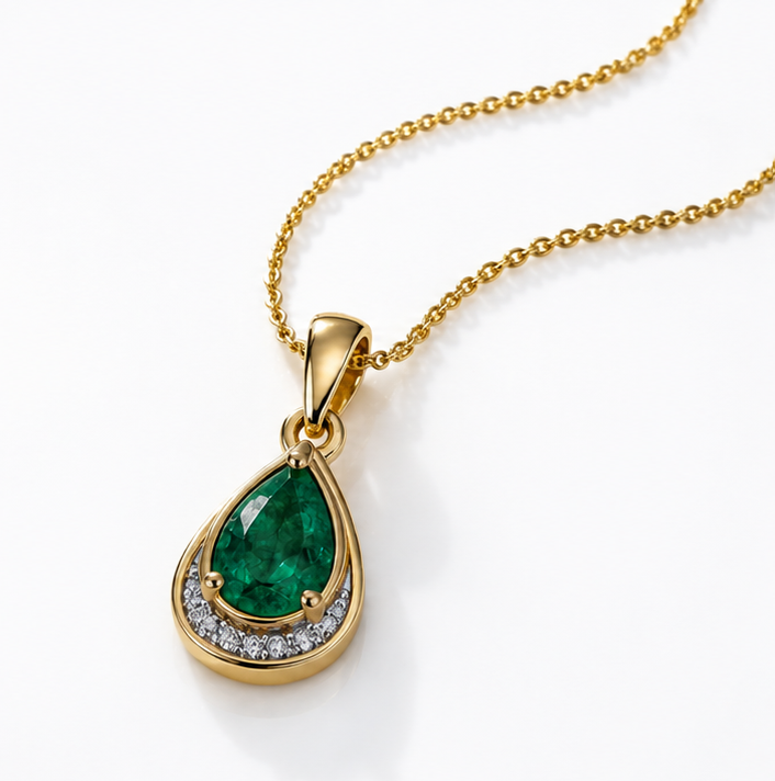 Teardrop Emerald & Diamond Pendant Necklace in 9ct Gold