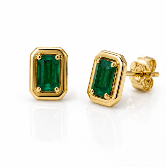 Chunky Emerald Stud Earrings in 9ct Yellow Gold