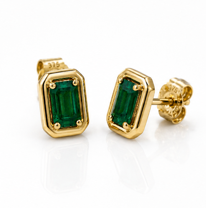 Chunky Emerald Stud Earrings in 9ct Yellow Gold