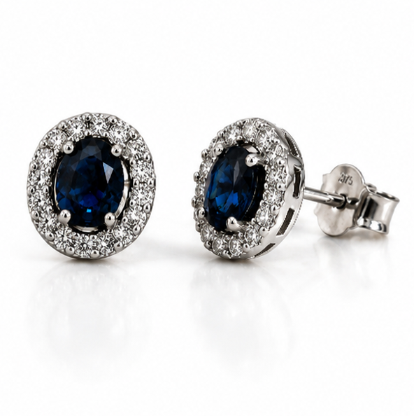 Blue Sapphire & Diamond Cluster Stud Earrings in 9ct White Gold