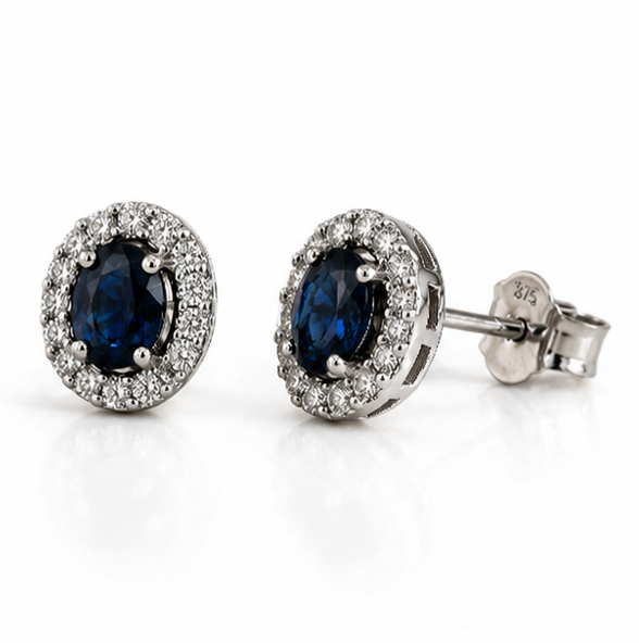 Blue Sapphire & Diamond Cluster Stud Earrings in 9ct White Gold