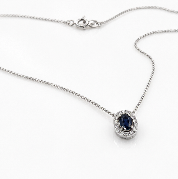 Blue Sapphire & Diamond Cluster Pendant in 9ct White Gold
