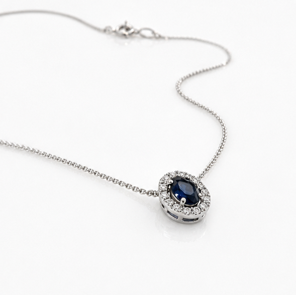 Blue Sapphire & Diamond Cluster Pendant in 9ct White Gold