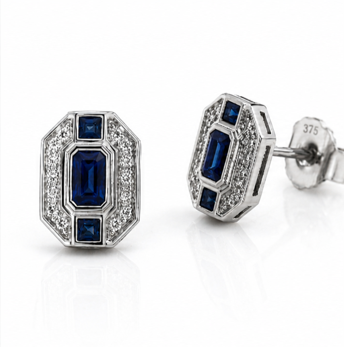 9ct White Gold Sapphire & Diamond Channel Stud Earrings