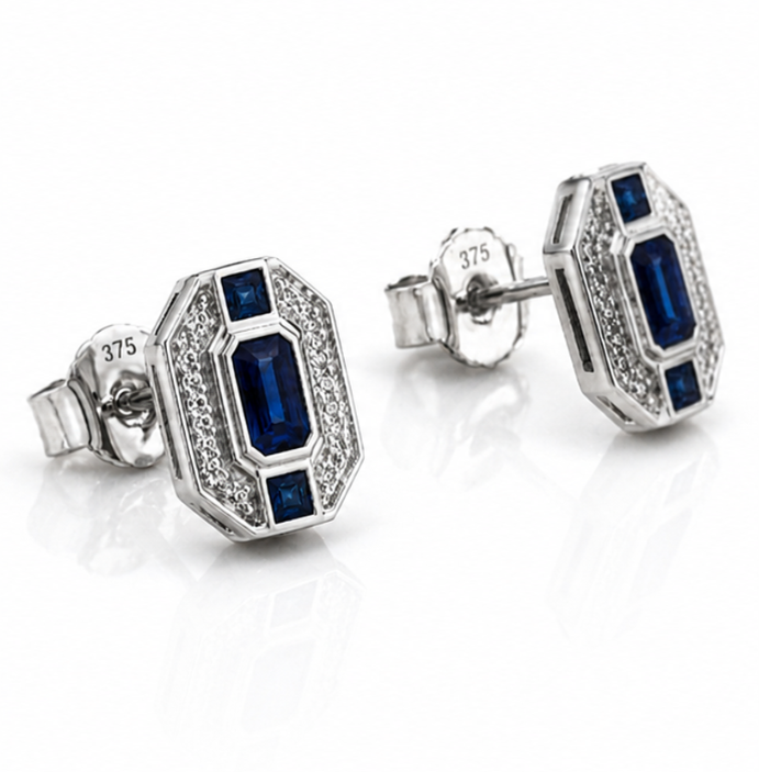 9ct White Gold Sapphire & Diamond Channel Stud Earrings