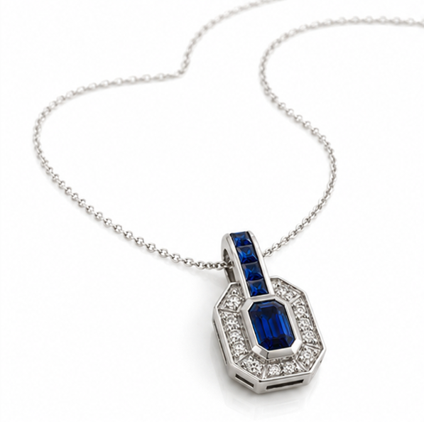 9ct White Gold Sapphire & Diamond Channel Necklace