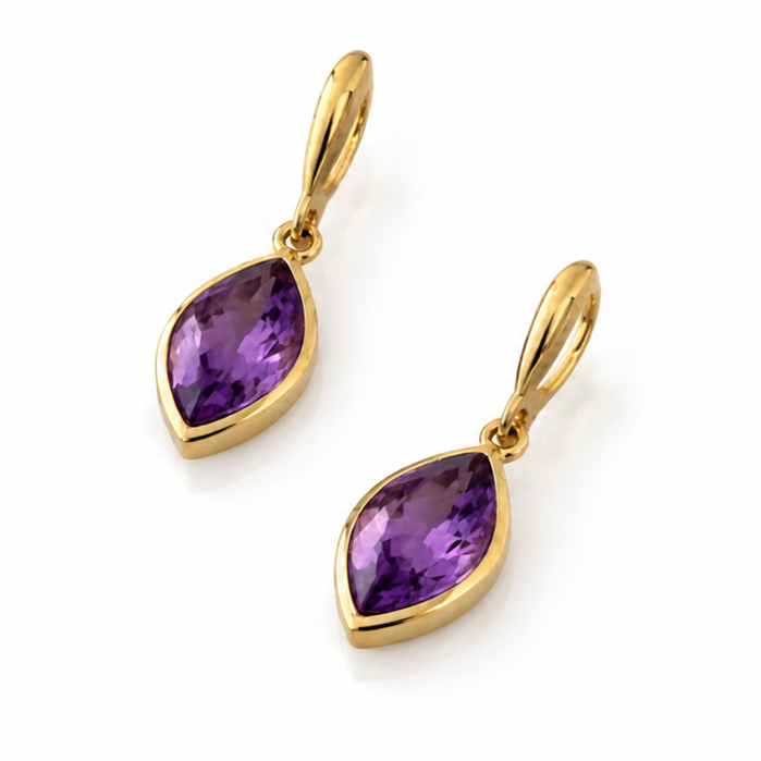 9ct Yellow Gold Flame Cut Amethyst Drop Earrings