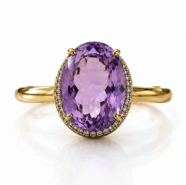 9ct Yellow Gold Irregular Amethyst Ring with Diamond Surround