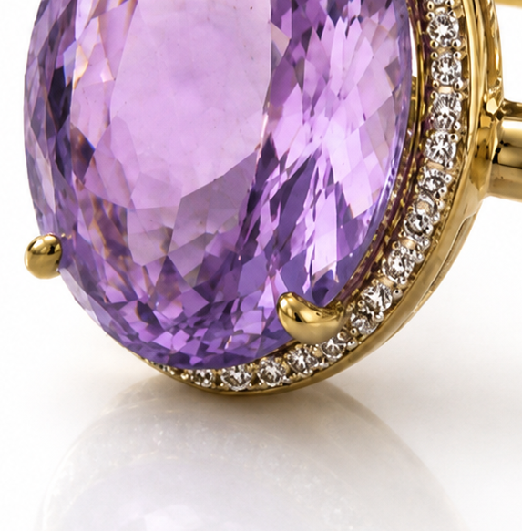 9ct Yellow Gold Irregular Amethyst Ring with Diamond Surround