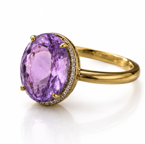 9ct Yellow Gold Irregular Amethyst Ring with Diamond Surround