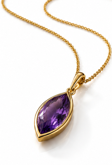 9ct Yellow Gold Flame Cut Amethyst Pendant Necklace