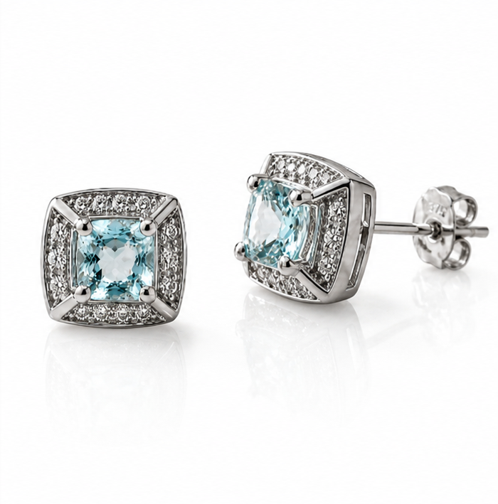 9ct White Gold Aquamarine & Diamond Stud Earrings