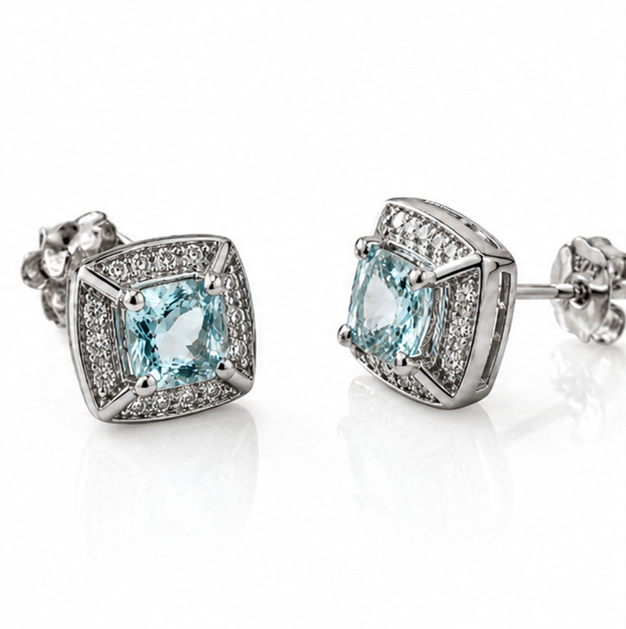 9ct White Gold Aquamarine & Diamond Stud Earrings