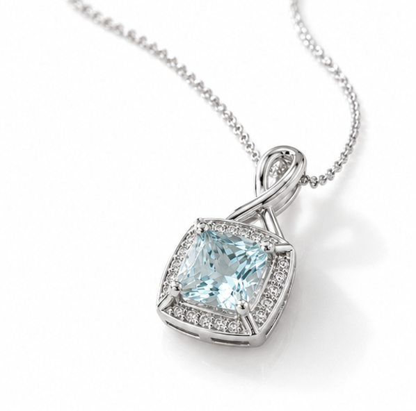9ct White Gold Aquamarine & Diamond Twist Pendant with Diamond-Cut Curb Chain
