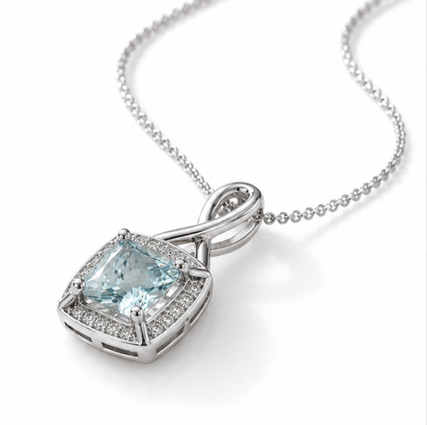 9ct White Gold Aquamarine & Diamond Twist Pendant with Diamond-Cut Curb Chain