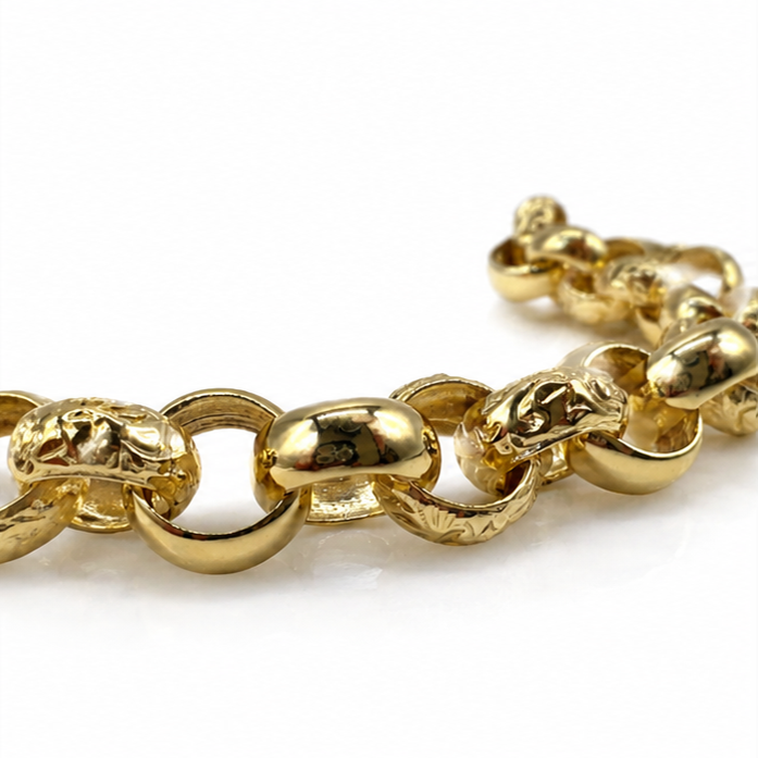 9ct Yellow Gold Engraved & Plain Belcher Bracelet – 13mm
