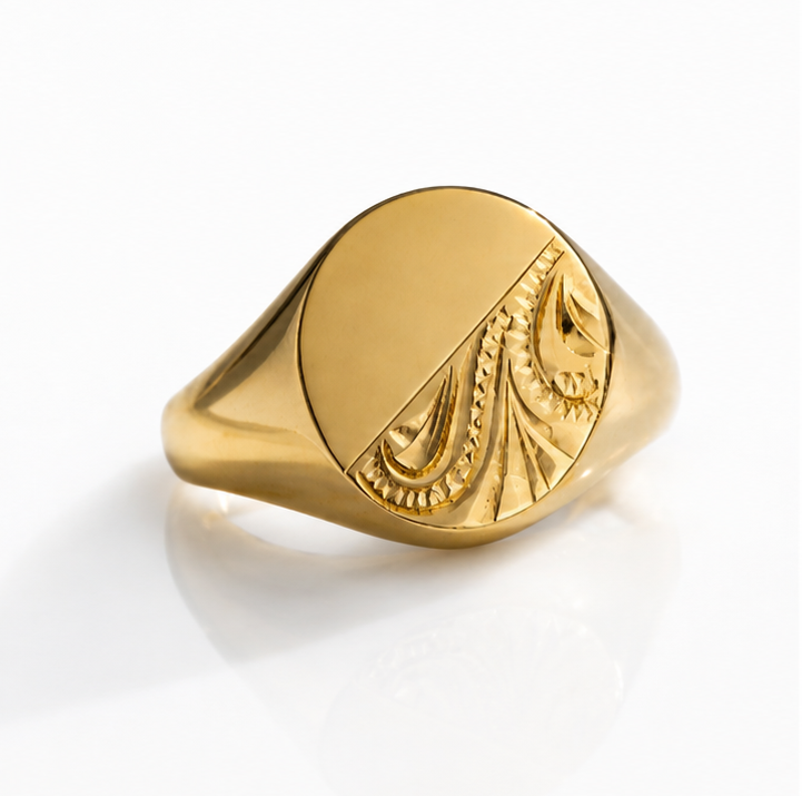 9ct Yellow Gold Engraved Oval Signet Ring