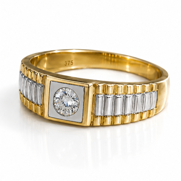 9ct Yellow Gold Brickwork CZ Men’s Ring