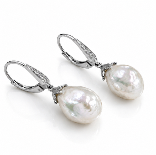 9ct White Gold Baroque Pearl & White Topaz Drop Earrings