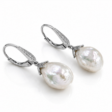 9ct White Gold Baroque Pearl & White Topaz Drop Earrings