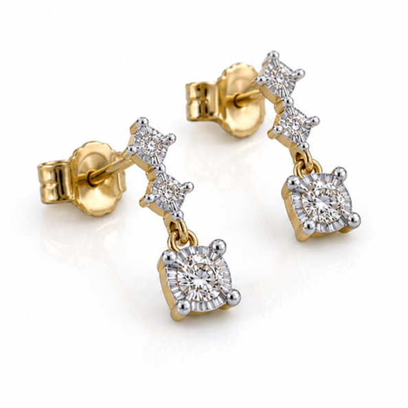 9ct Yellow Gold Diamond Trilogy Drop Earrings (0.20ct Total)