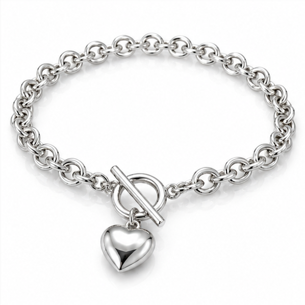 Sterling Silver Puff Heart T-Bar Chain Bracelet