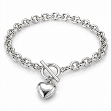 Sterling Silver Puff Heart T-Bar Chain Bracelet