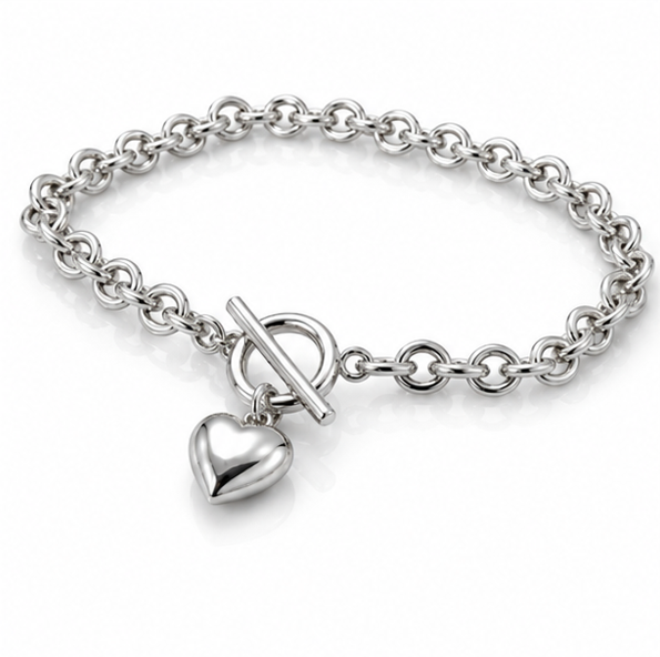Sterling Silver Puff Heart T-Bar Chain Bracelet