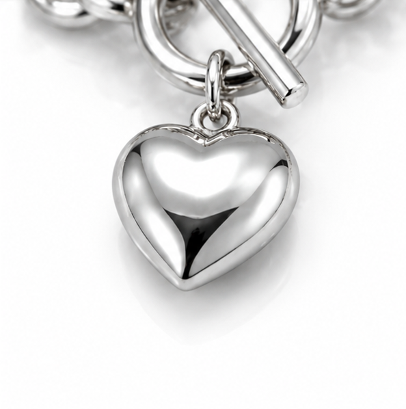 Sterling Silver Puff Heart T-Bar Chain Bracelet