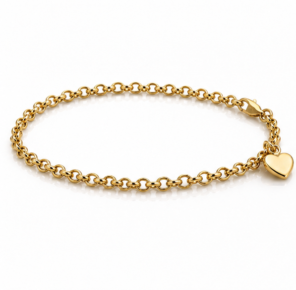 14ct Yellow Gold Belcher Bracelet with Heart Charm – 7”