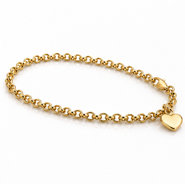 14ct Yellow Gold Belcher Bracelet with Heart Charm – 7”