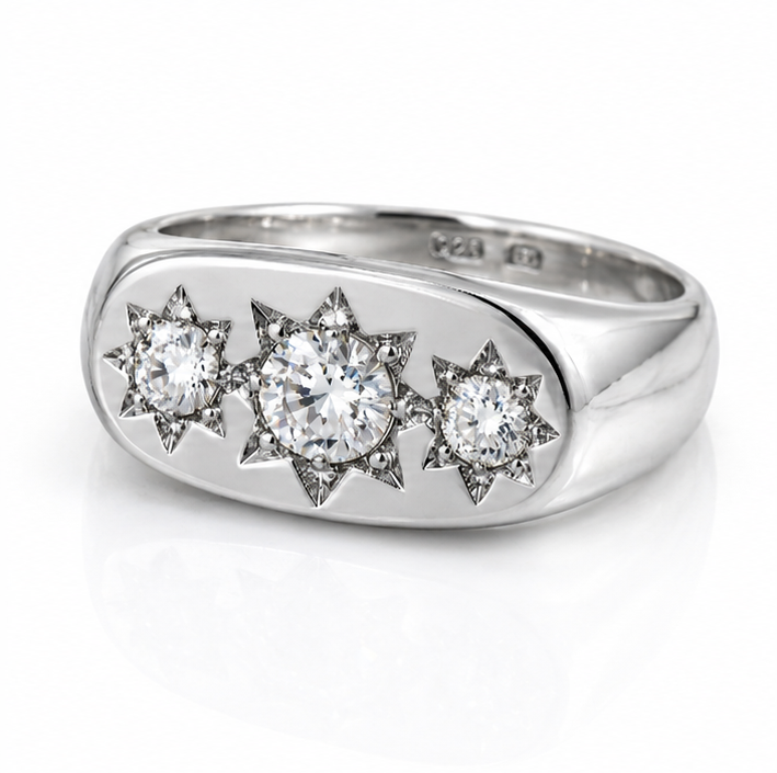 Silver Three Stone Gypsy Ring – CZ Trilogy Design