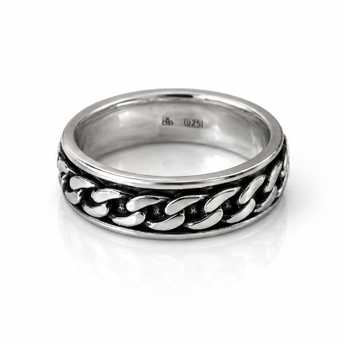 Heavyweight Chain Detail Spinner Ring – Solid Sterling Silver