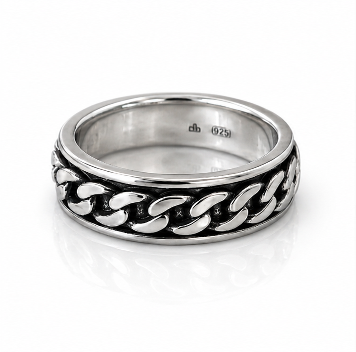 Heavyweight Chain Detail Spinner Ring – Solid Sterling Silver