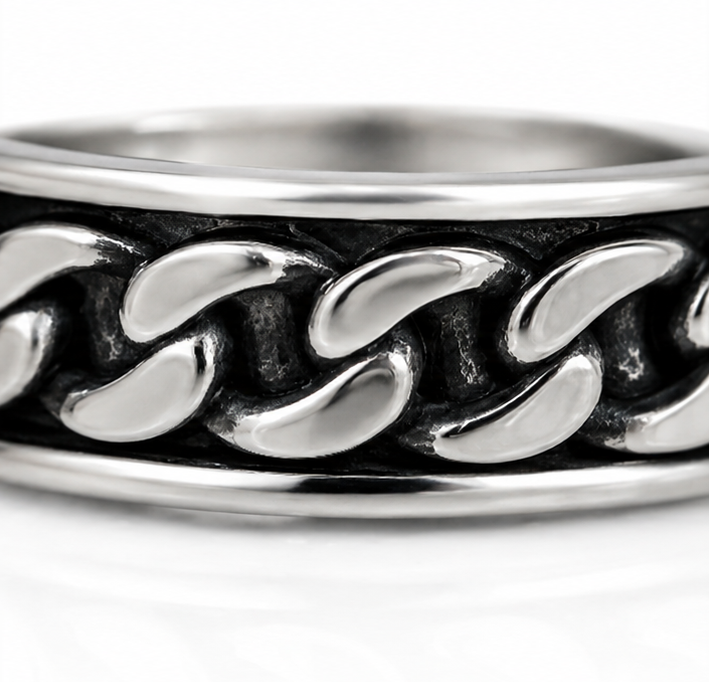 Heavyweight Chain Detail Spinner Ring – Solid Sterling Silver